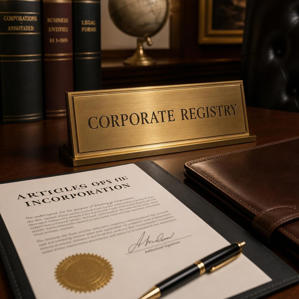 An executive desk with a brass nameplate, leather portfolio and a signed contract