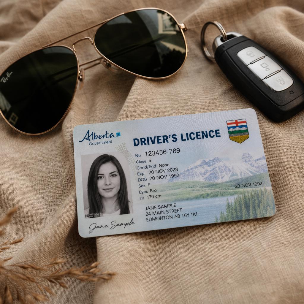 Driver's licence card, aviator sunglasses and a car key on warm khaki linen