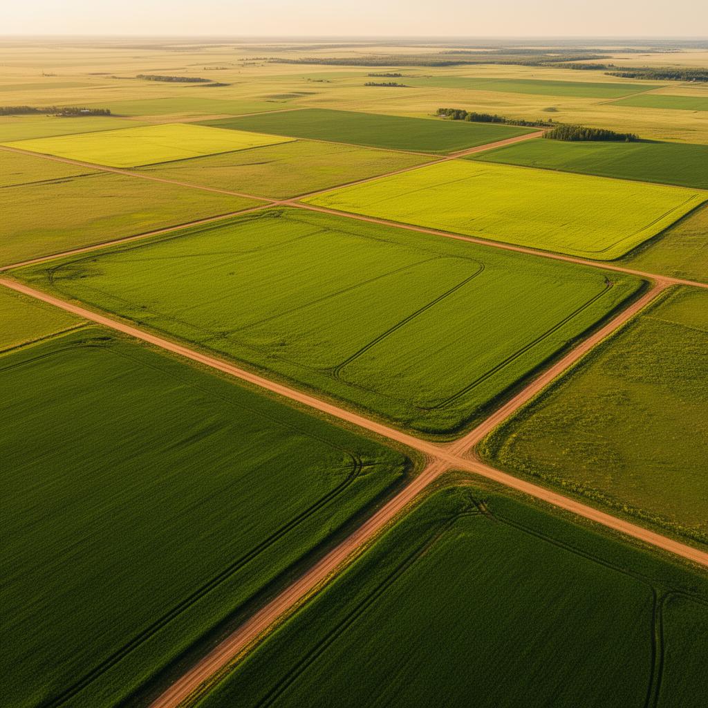 Aerial view of Alberta prairie farmland in geometric earth-toned patches
