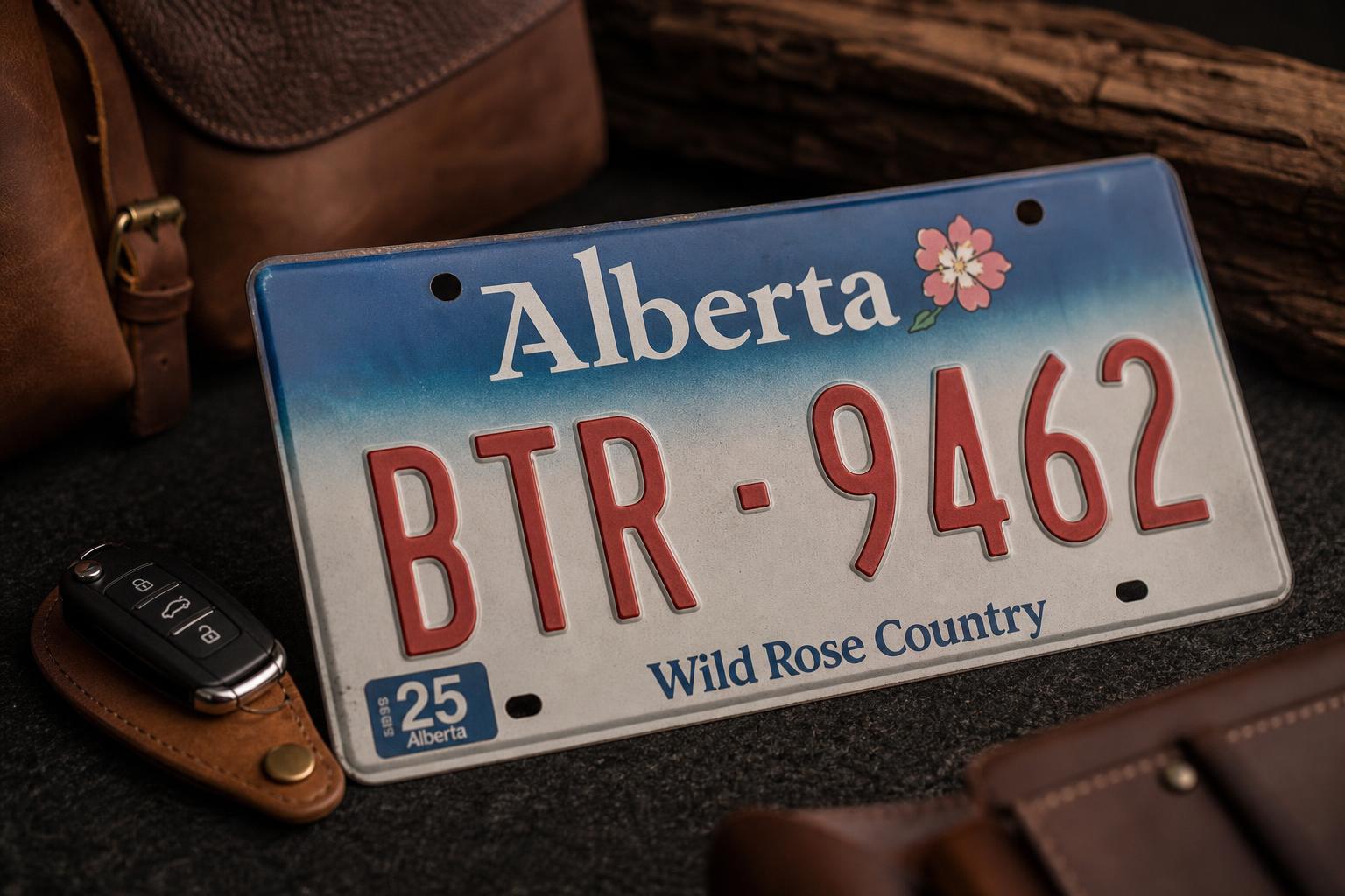 Car keys and an Alberta licence plate on a deep felt surface