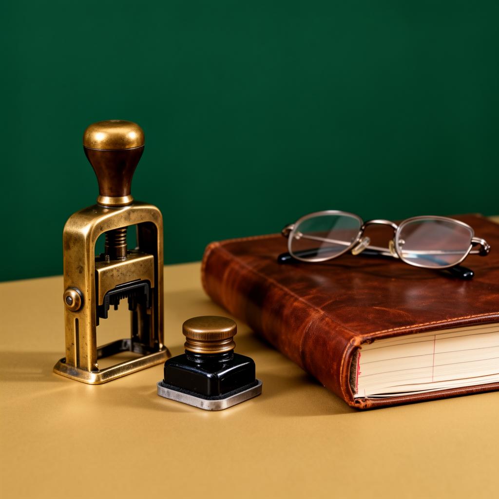 A vintage brass office stamp, ink pad and leather ledger on a warm desk