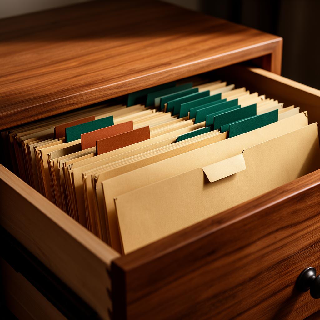 An open wooden filing cabinet drawer with neatly arranged folders