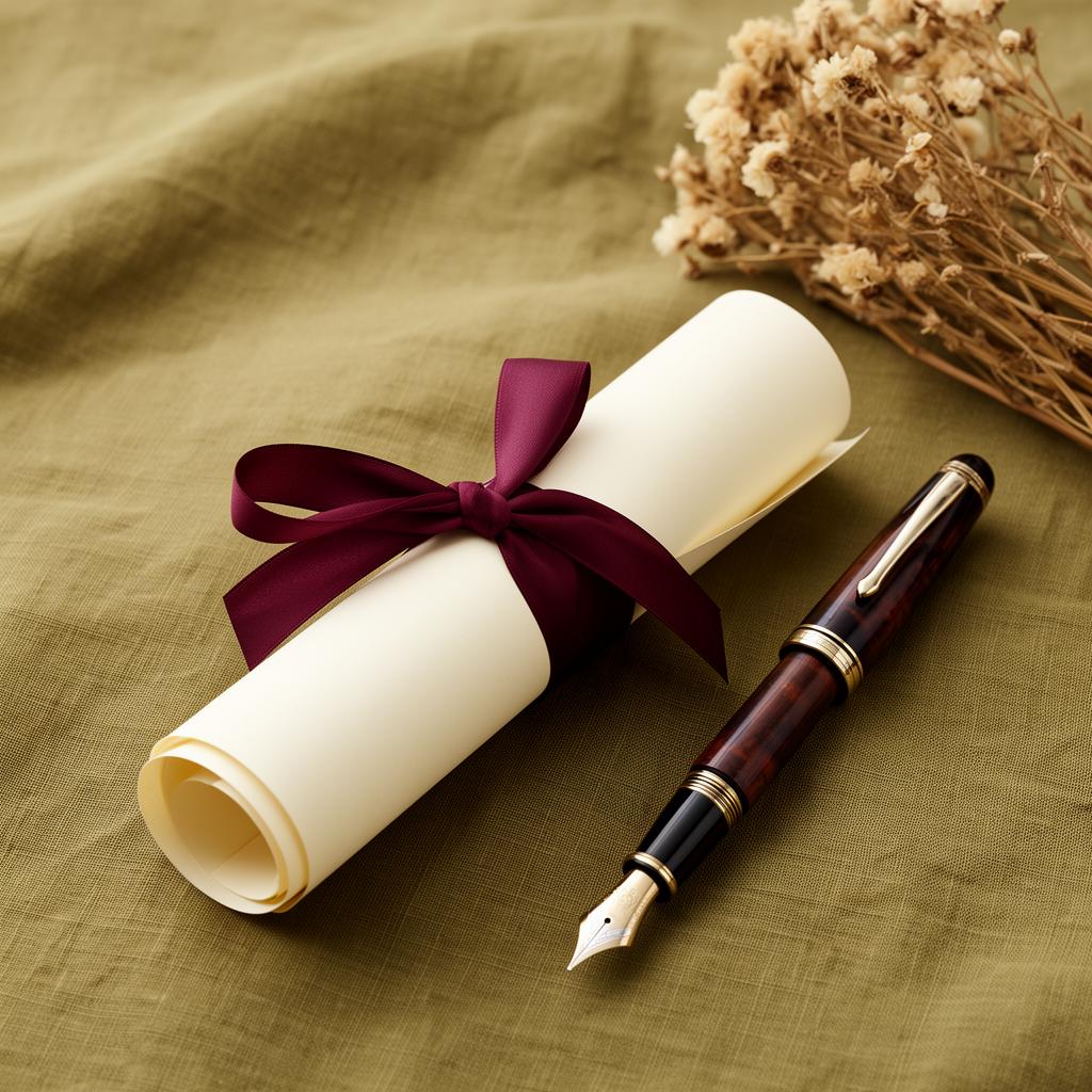 An elegant certificate scroll tied with a burgundy ribbon on olive linen